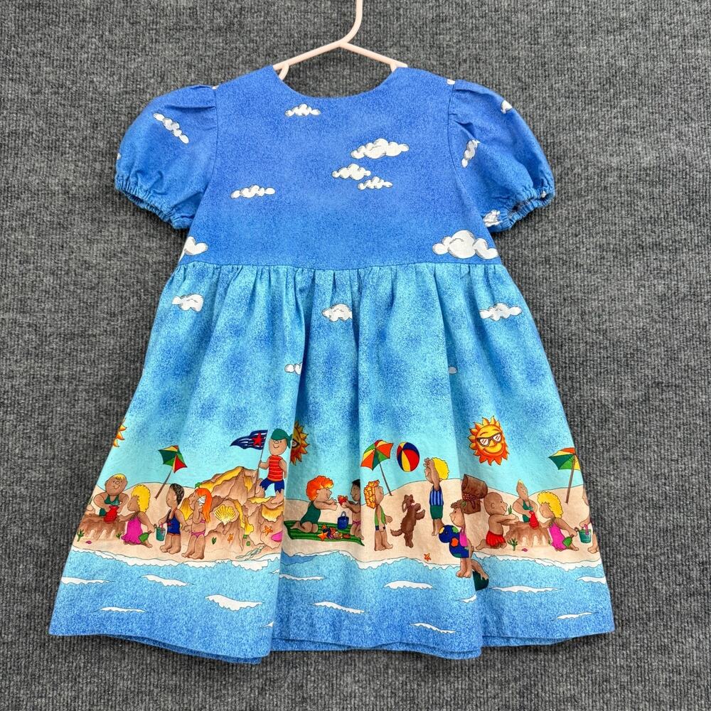 Handmade Girls Dress Fits 3T Novelty Beach Scene Puff Sleeve